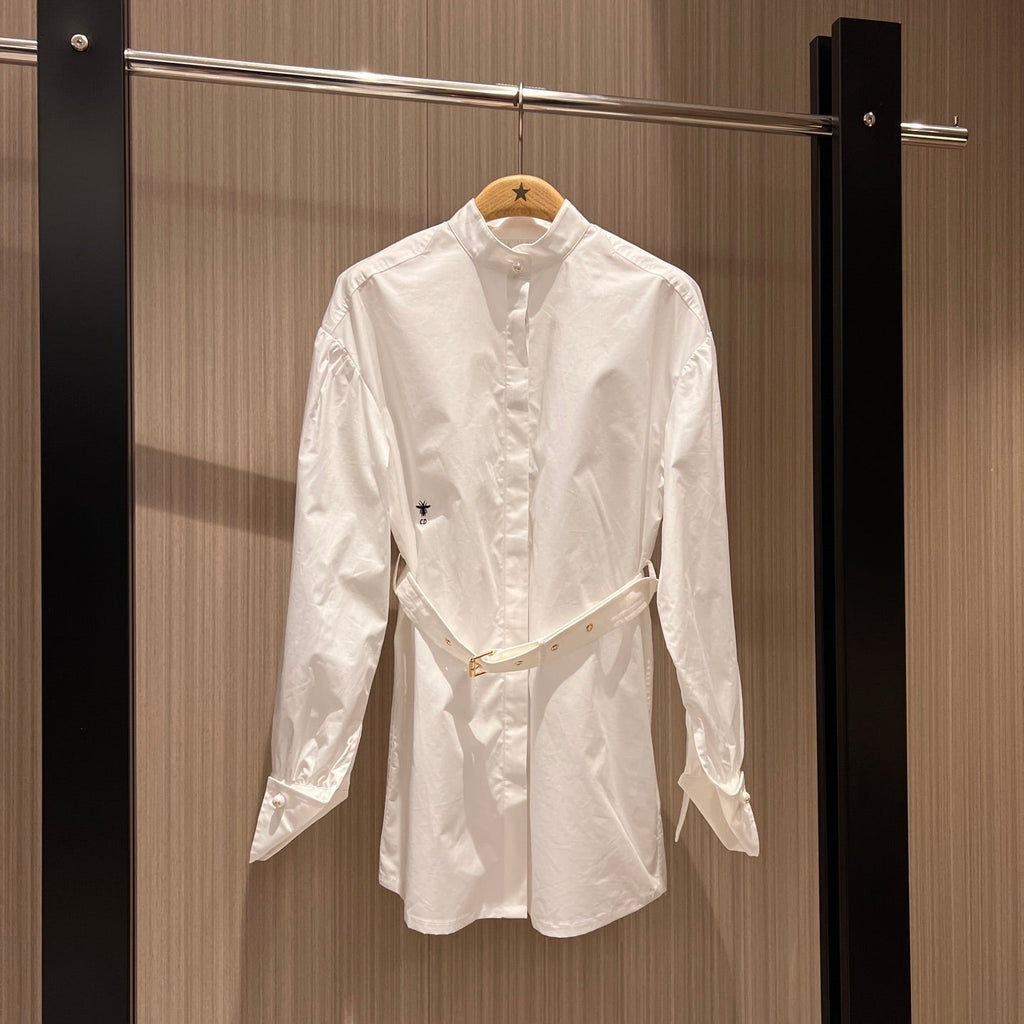 CD Stand-up Collar Long-sleeved Shirt Dress White Cotton