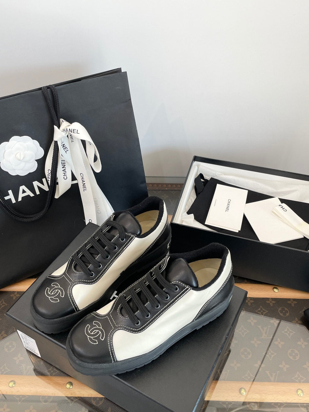 CC Sneaker 40mm In Black Mix White Printed Logo Calfskin 940681