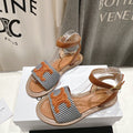 LYMPIA SANDAL IN TRIOMPHE MACCRAMÃ‰ COTTON & CALFSKIN BRONZE BROWN/NAVY