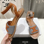 LYMPIA SANDAL IN TRIOMPHE MACCRAMÃ‰ COTTON & CALFSKIN BRONZE BROWN/NAVY