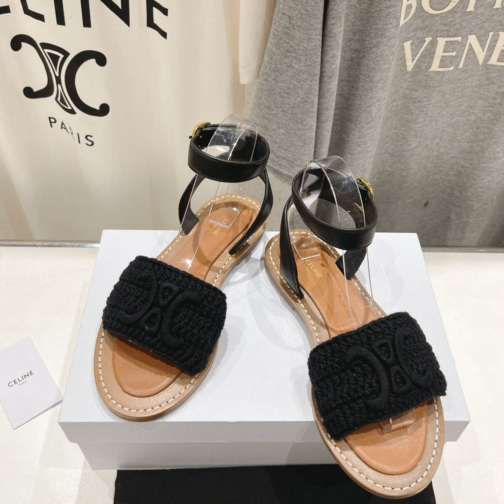 LYMPIA SANDAL IN TRIOMPHE MACCRAMÃ‰ COTTON & CALFSKIN BLACK
