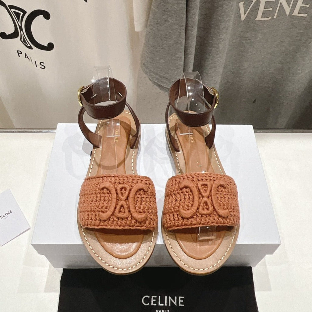 LYMPIA SANDAL IN TRIOMPHE MACCRAMÃ‰ COTTON & CALFSKIN BROWN/DARK BROWN