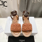 LYMPIA SANDAL IN TRIOMPHE MACCRAMÃ‰ COTTON & CALFSKIN BROWN/DARK BROWN