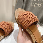 LYMPIA SANDAL IN TRIOMPHE MACCRAMÃ‰ COTTON & CALFSKIN BROWN/DARK BROWN