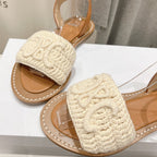 LYMPIA SANDAL IN TRIOMPHE MACCRAMÃ‰ COTTON & CALFSKIN ECRU TAN