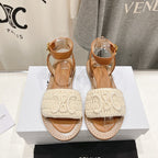 LYMPIA SANDAL IN TRIOMPHE MACCRAMÃ‰ COTTON & CALFSKIN ECRU TAN