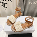 LYMPIA SANDAL IN TRIOMPHE MACCRAMÃ‰ COTTON & CALFSKIN ECRU TAN