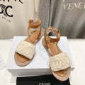 LYMPIA SANDAL IN TRIOMPHE MACCRAMÃ‰ COTTON & CALFSKIN ECRU TAN