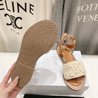 LYMPIA SANDAL IN TRIOMPHE MACCRAMÃ‰ COTTON & CALFSKIN ECRU TAN
