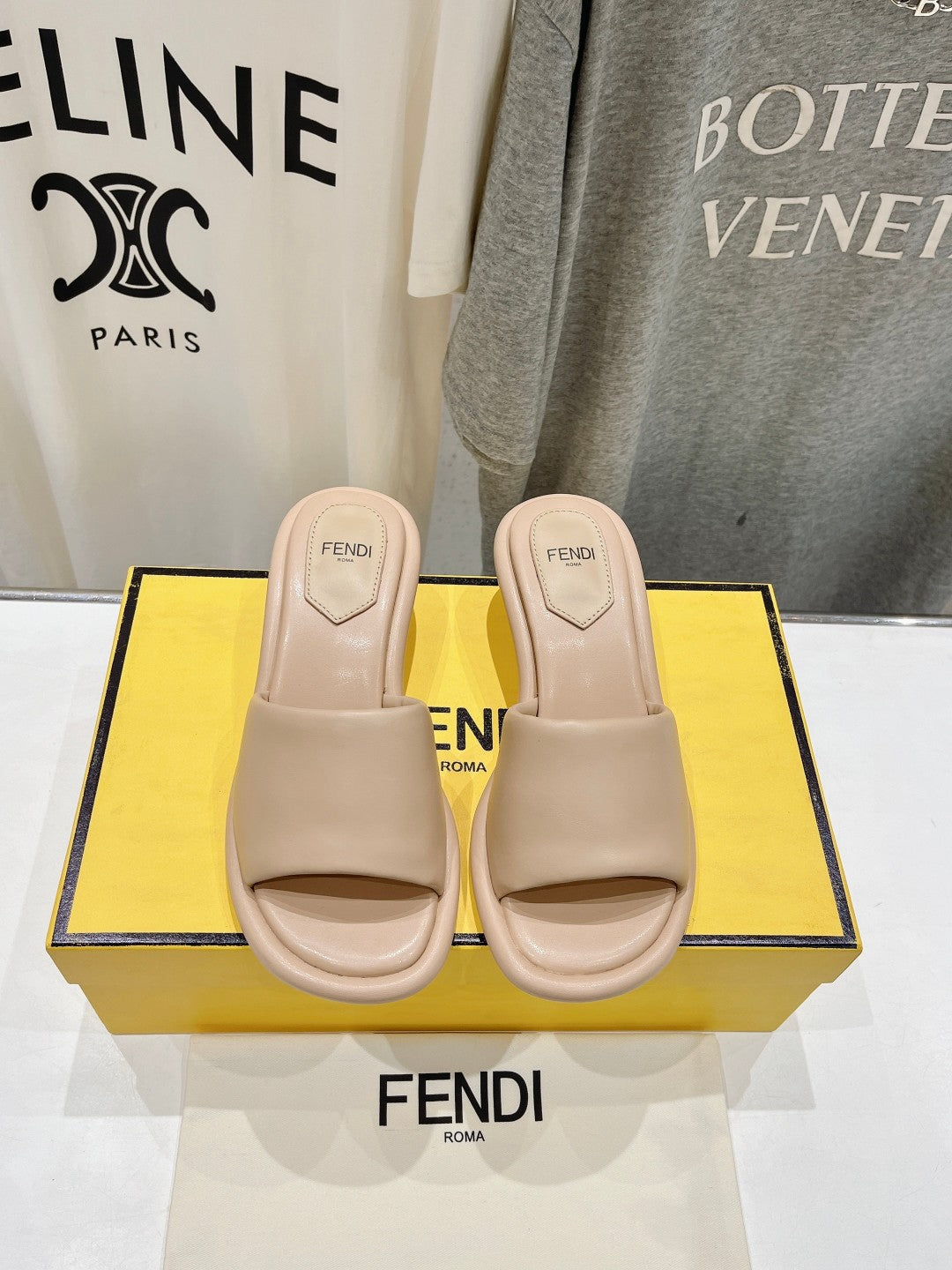 FENDI BAGUETTE MEDIUM-HEEL SANDALS 45 MM IN BISQUE BEIGE CALFSKIN