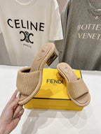 FENDI FFOLD MEDIUM-HEEL SANDALS 45 MM IN TUSCAN BEIGE COTTON FIBRE