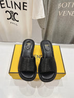 FENDI FFOLD MEDIUM-HEEL SANDALS 45 MM IN BLACK COTTON FIBRE