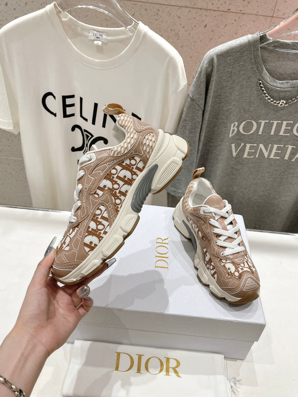 CD Vibe Sneaker Beige Brown Polyester Mesh Fabric And Cowhide