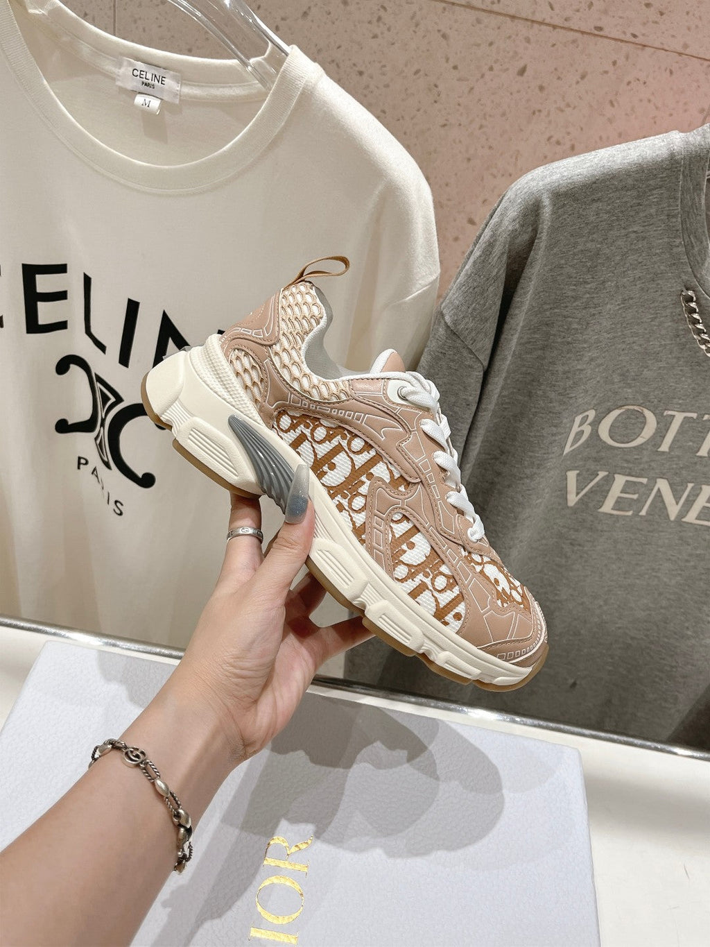 CD Vibe Sneaker Beige Brown Polyester Mesh Fabric And Cowhide