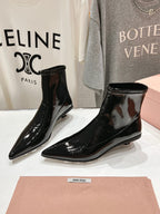 Miu Ankle Boots Pointed Toe Glossy Black Lambskin