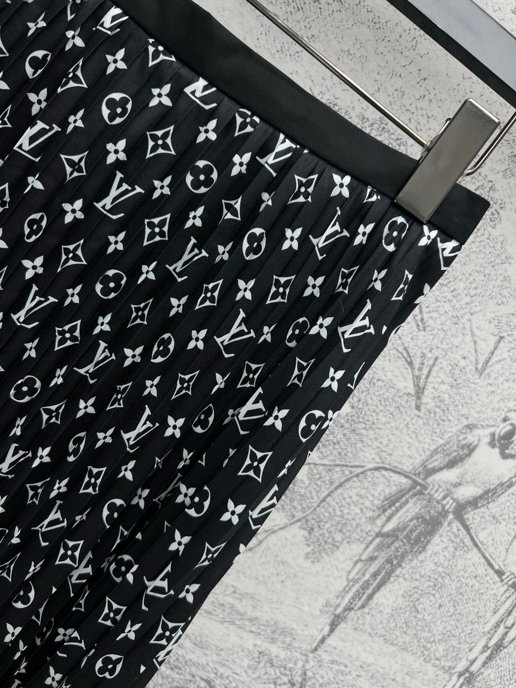 LV 25 Flower Barrage Print Lapel Dress Black Polyester