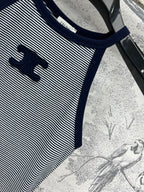 Celine 25 Embroidered Logo Striped Small Vest Navy Blue mix White Cotton