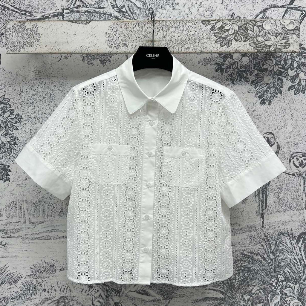 Celine 25 Lace Short Shirt White Cotton