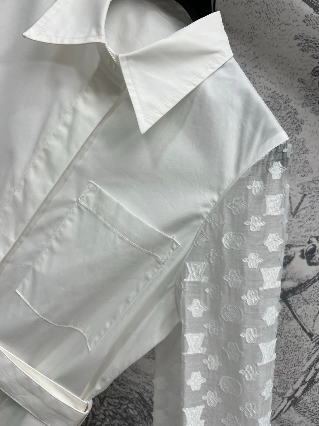 LV 25 Splicing Perspective Jacquard Monogram Sleeve Dress White Cotton