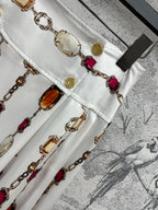 LV 25 Decorative Pattern Gemstone Chain Pleated Skirt White Poliester
