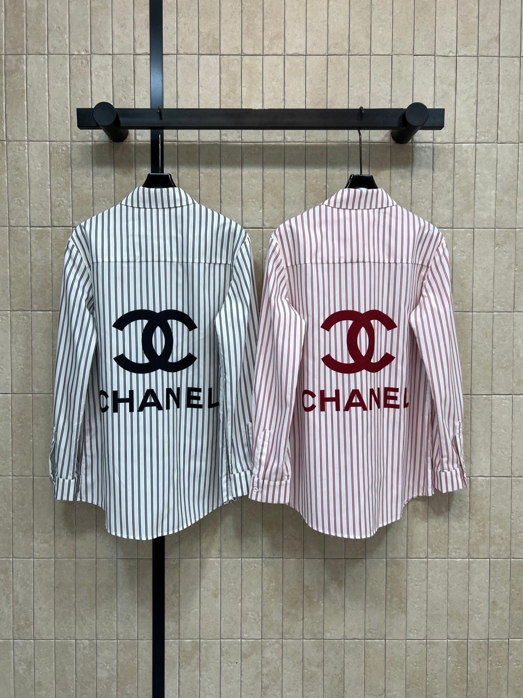 Chanel 2026 Logo Embroidered Striped Shirt Pink and Black Cotton 355062