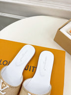 lv capri flat mule beige raffia white calfskin