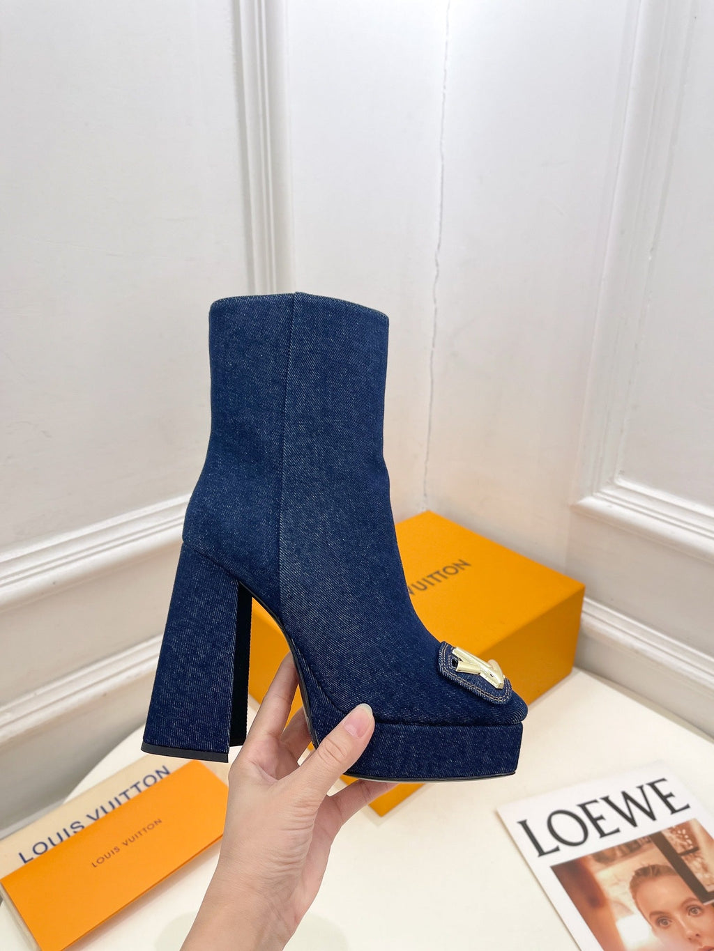 LV Shake Platform Ankle Boot 120mm Dark Blue Denim Fabric