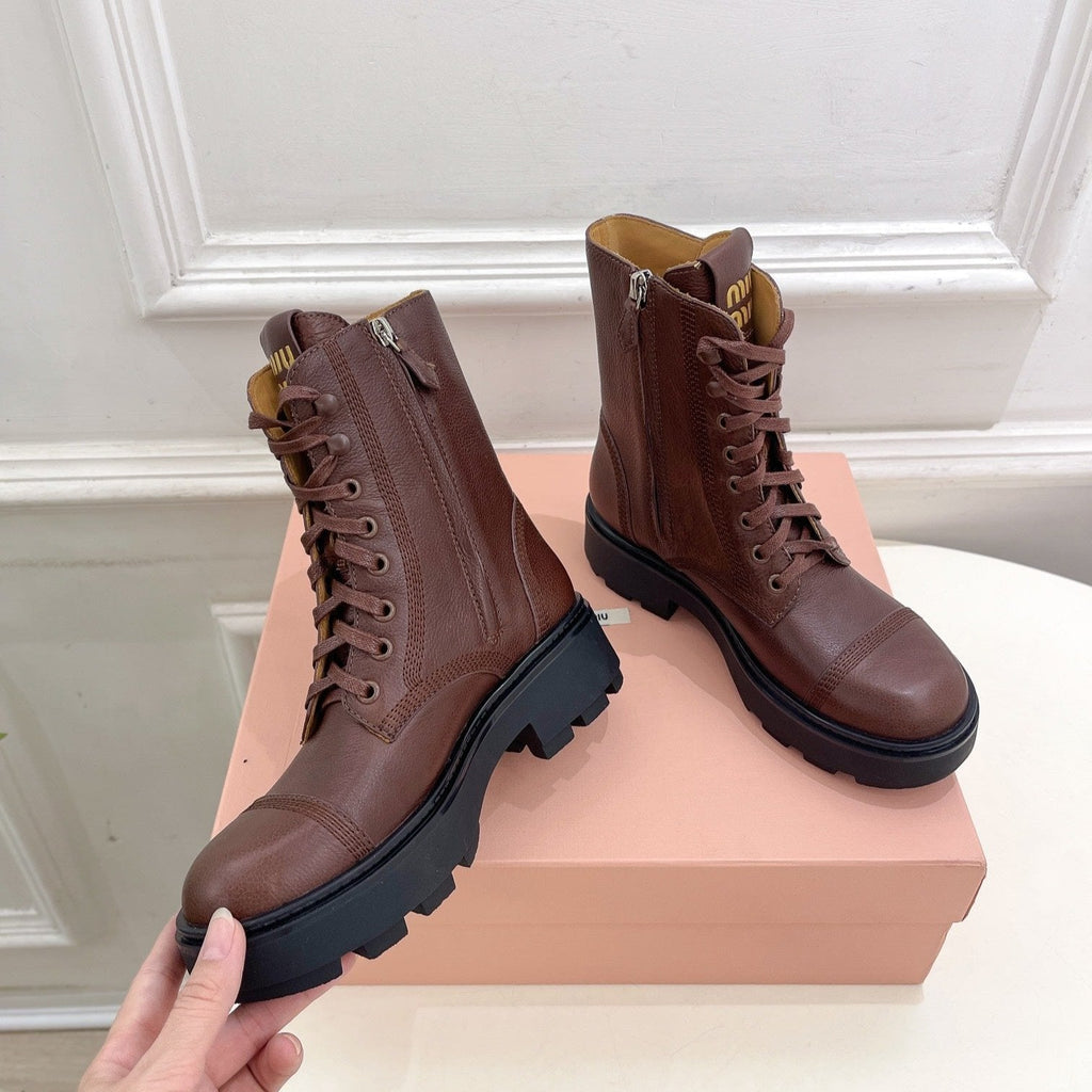 Miu Laced Booties Brown Chocolate Calfskin