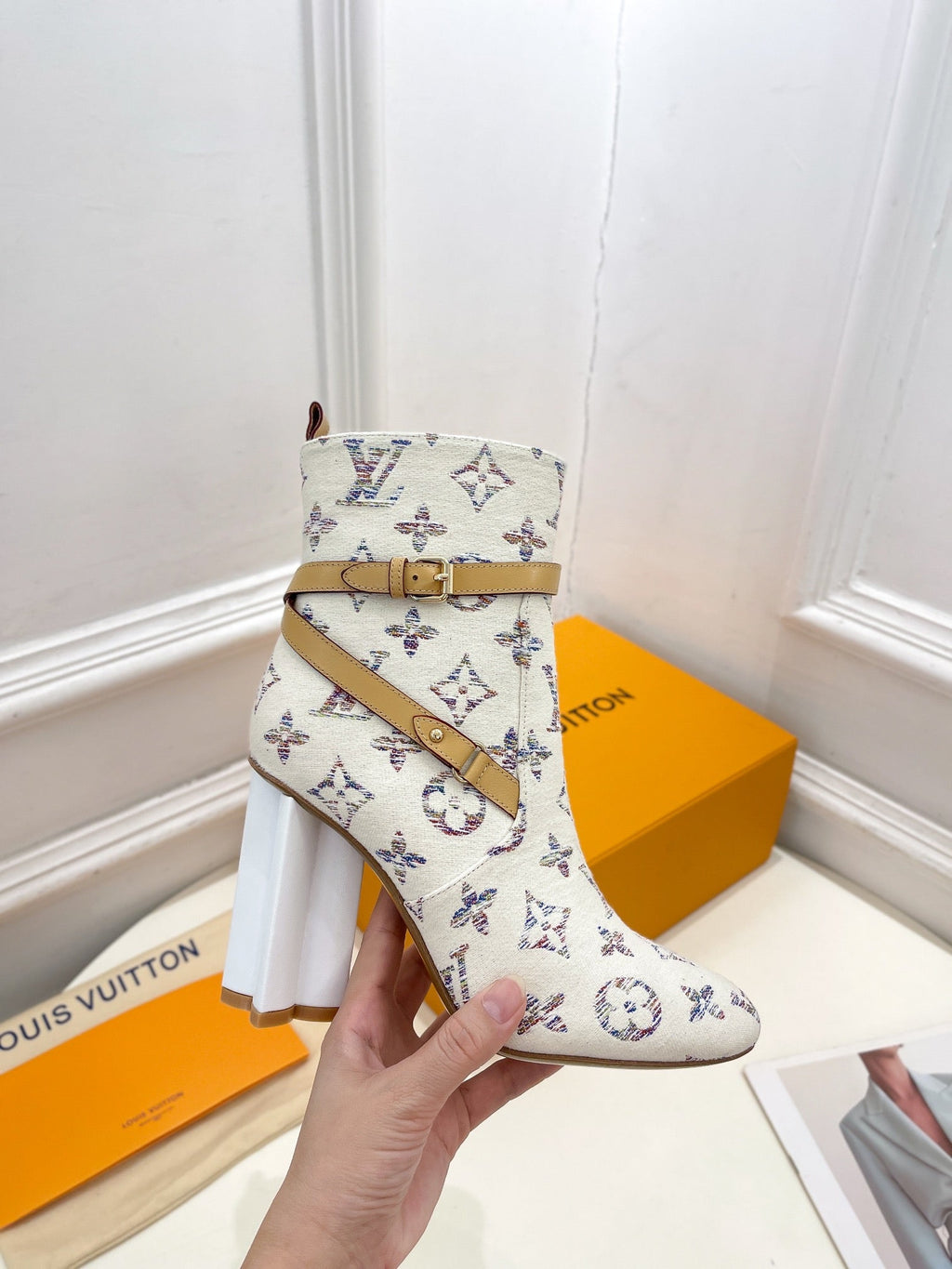 LV Silhouette Ankle Boots 100mm White Monogram Jacquard Fabric