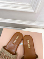 MIU Flat Slippers Brown Knitted Fabric Sheepskin 631915