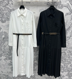 LV 25 Pleated Design Belt That Pinches Waist Dress Black White Cotton