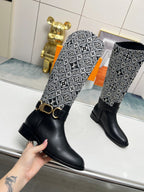 LV Westside Flat High Boot 40mm Black Mix White Monogram Lambskin