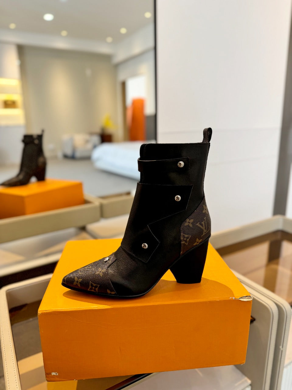 LV Trinity Ankle Boot 75mm Black Mix Dark Brown Monogram Calfskin